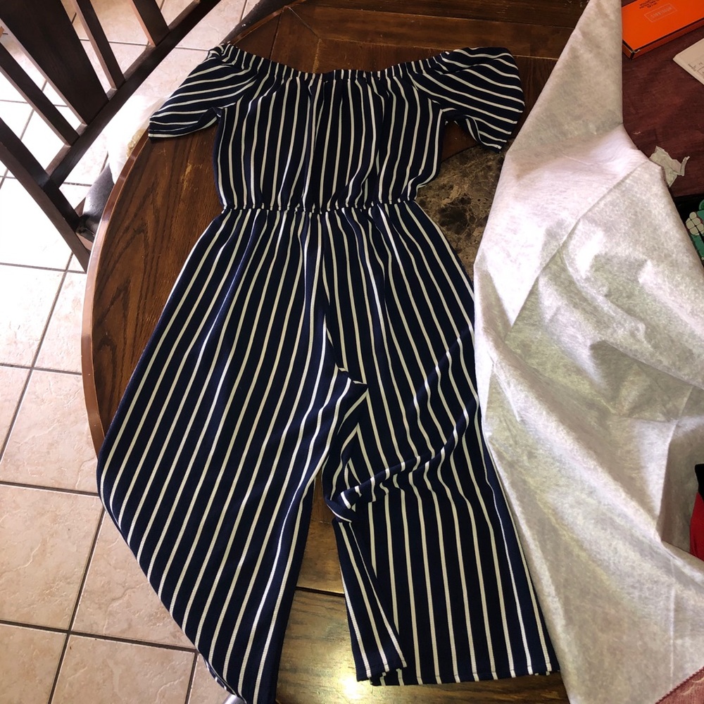 Off the shoulder navy jumpsuit
